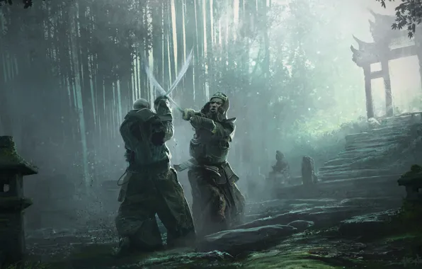 Wallpaper Sword Fantasy Forest Trees Katana Men Battle Samurai For Mobile And Desktop