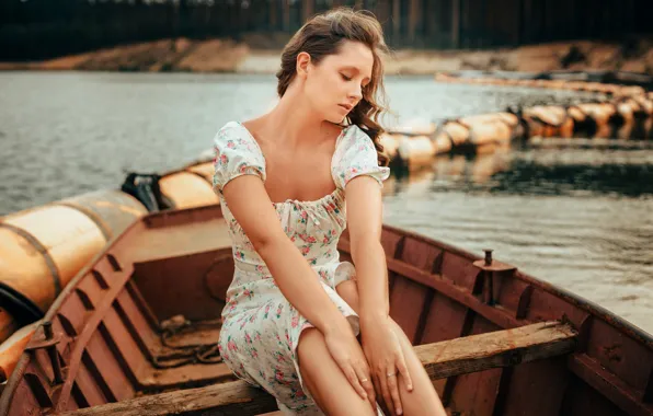 Wallpaper Trees Nature Lake Model Women Brunette Boat Sitting