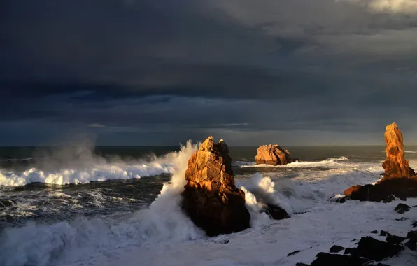 Wallpaper Sea Wave The Sky Squirt Clouds Storm Rocks For Mobile