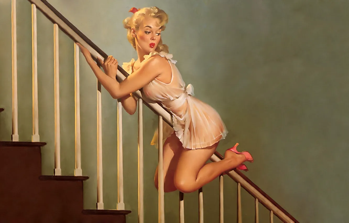 Wallpaper The Descent Negligee Blonde Ladder Railings Art Pin Up