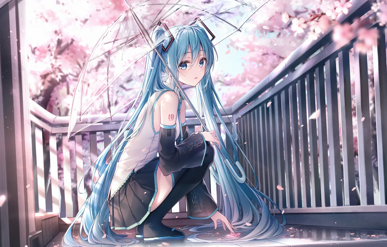 Wallpaper Sadness Rain Umbrella Anime The Fence Balcony Hatsune