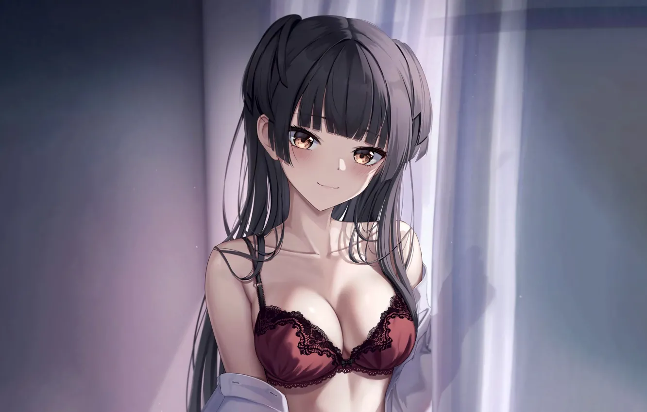 Wallpaper Girl Sexy Lingerie Bra Cleavage Long Hair Boobs Anime