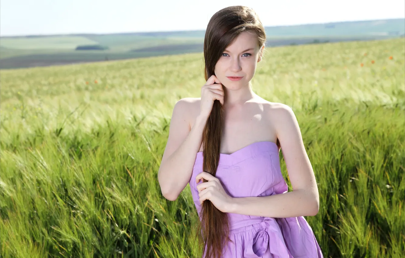 Wallpaper Long Hair Field Nature Emily Model Brunette Gorgeous