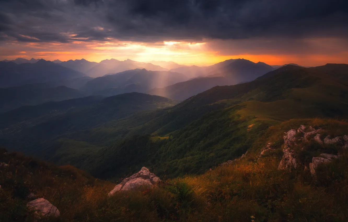 Wallpaper Grass The Sun Rays Sunset Mountains Clouds Fog Stones