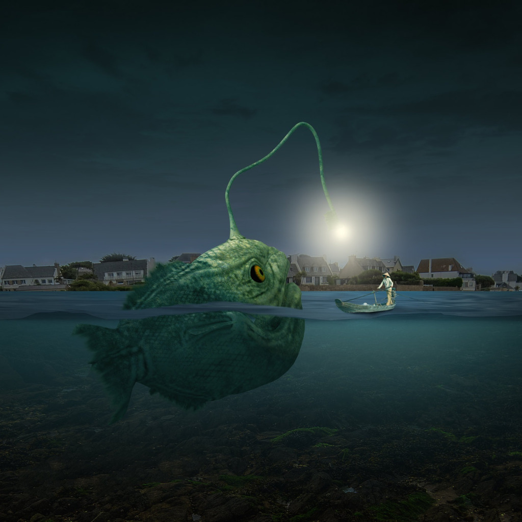 Download wallpaper angler fish, photoshop, composite, section ...