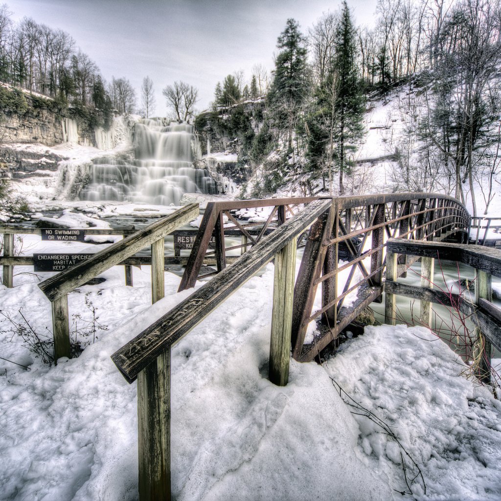 Download wallpaper winter, snow, trees, mountains, bridge, rocks ...
