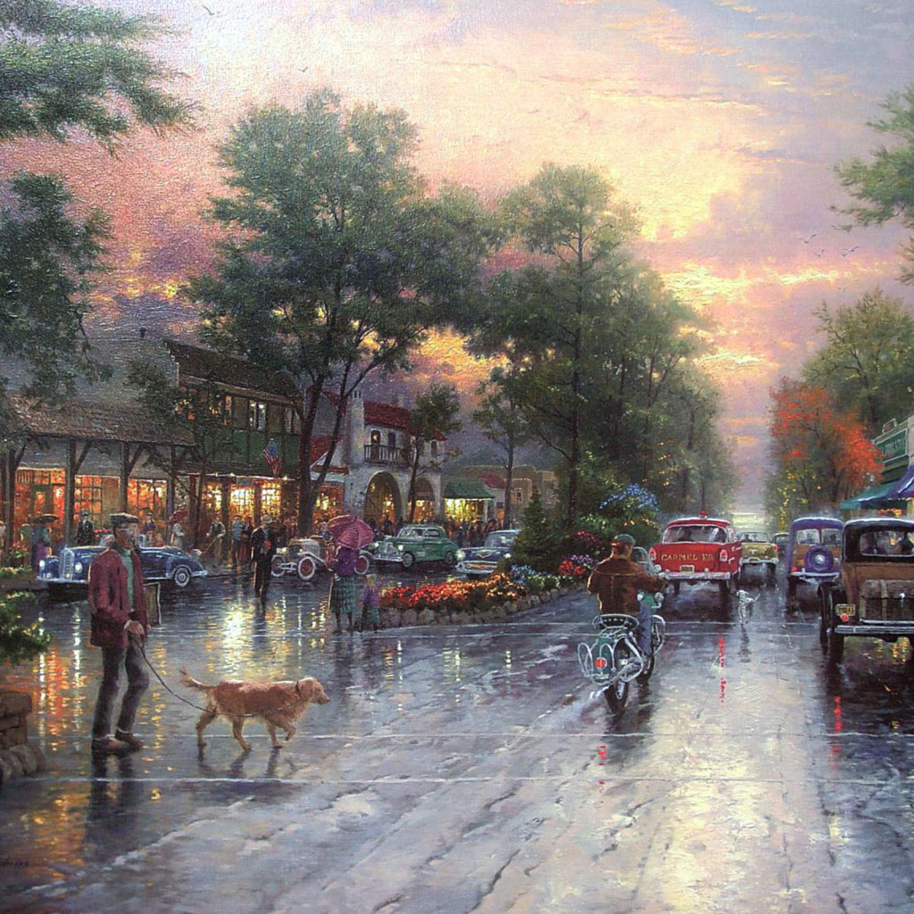 Download   Road Sunset City Retro Street Avenue Building   Thomas Kinkade Carmel Sunset 