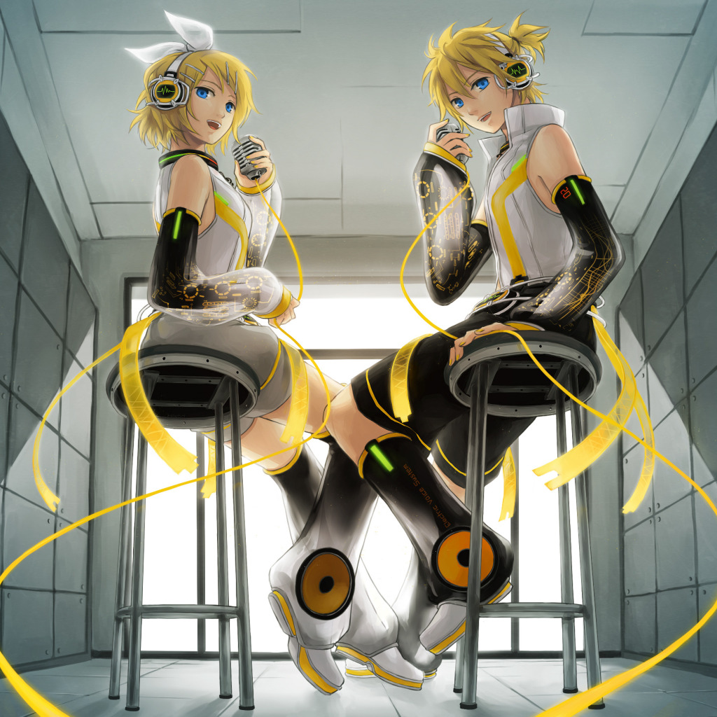 Download wallpaper music, anime, concert, microphone, len, vocaloid, Duo,  kagamine rin, section mood in resolution 1024x1024