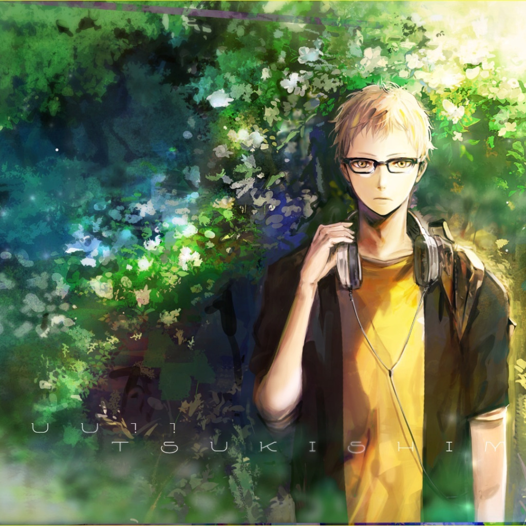 Download wallpaper anime, headphones, art, glasses, guy, haikyuu!!,  tsukishima kei, orka, section art in resolution 1024x1024