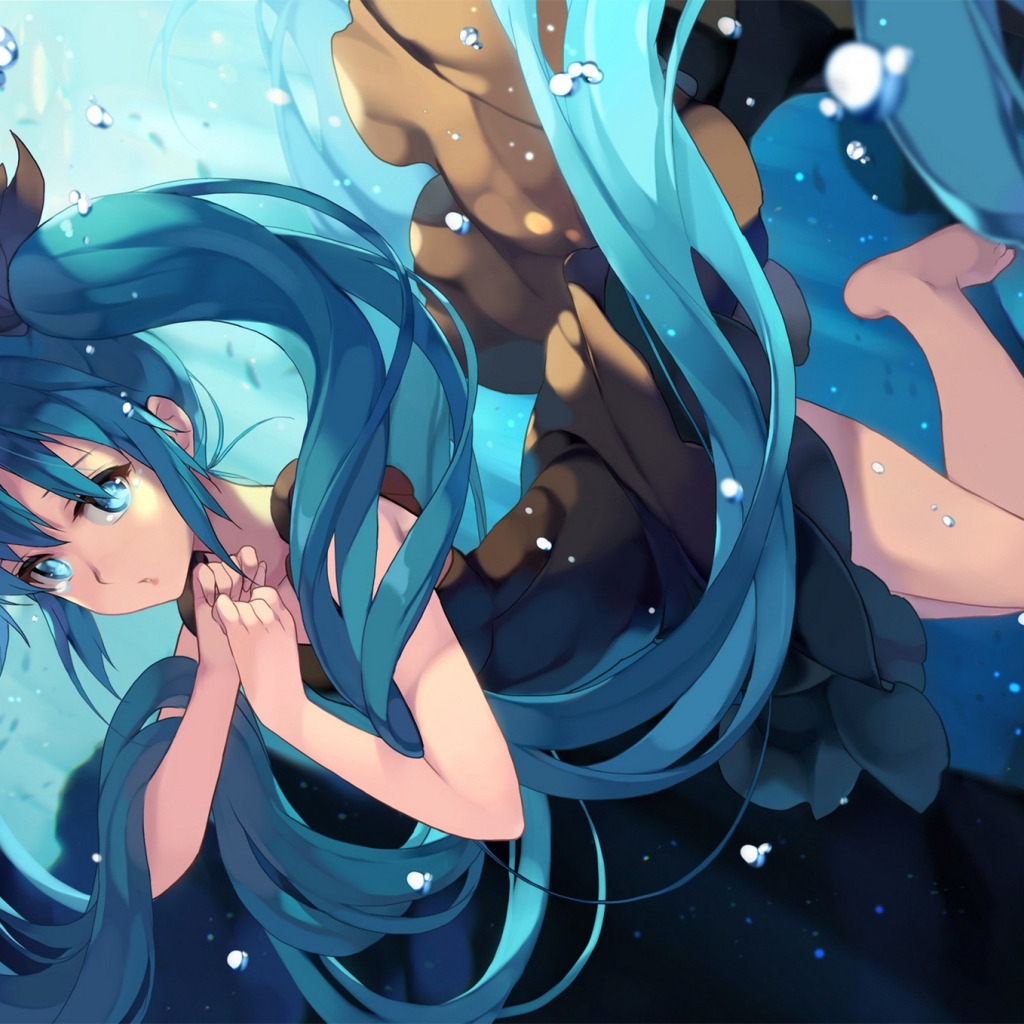 Download wallpaper girl, bubbles, anime, art, vocaloid, hatsune miku, under  water, deep-sea girl, section anime in resolution 1024x1024