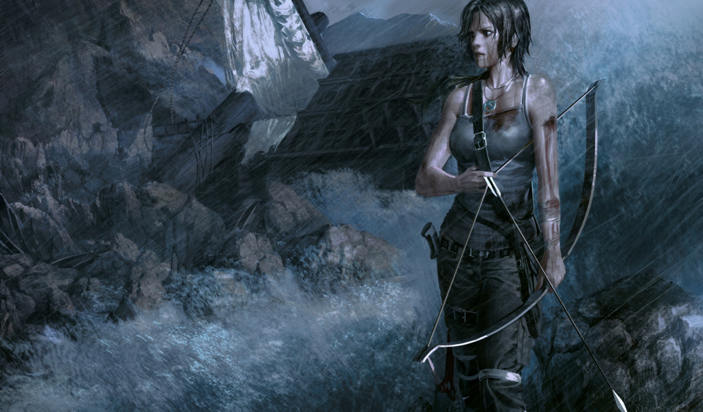 Download wallpaper girl, rain, bow, art, arrows, lara croft, tomb ...