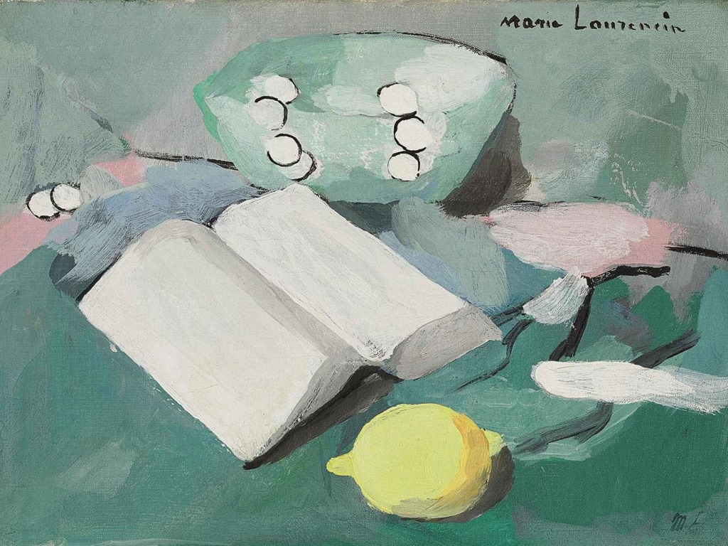 Download wallpaper Modern, Marie Laurencin, Still life with a book, lemon  and pearls, section painting in resolution 1024x768