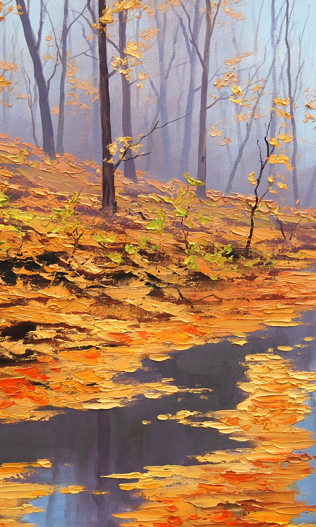 Download wallpaper autumn, leaves, trees, nature, river, art, artsaus ...