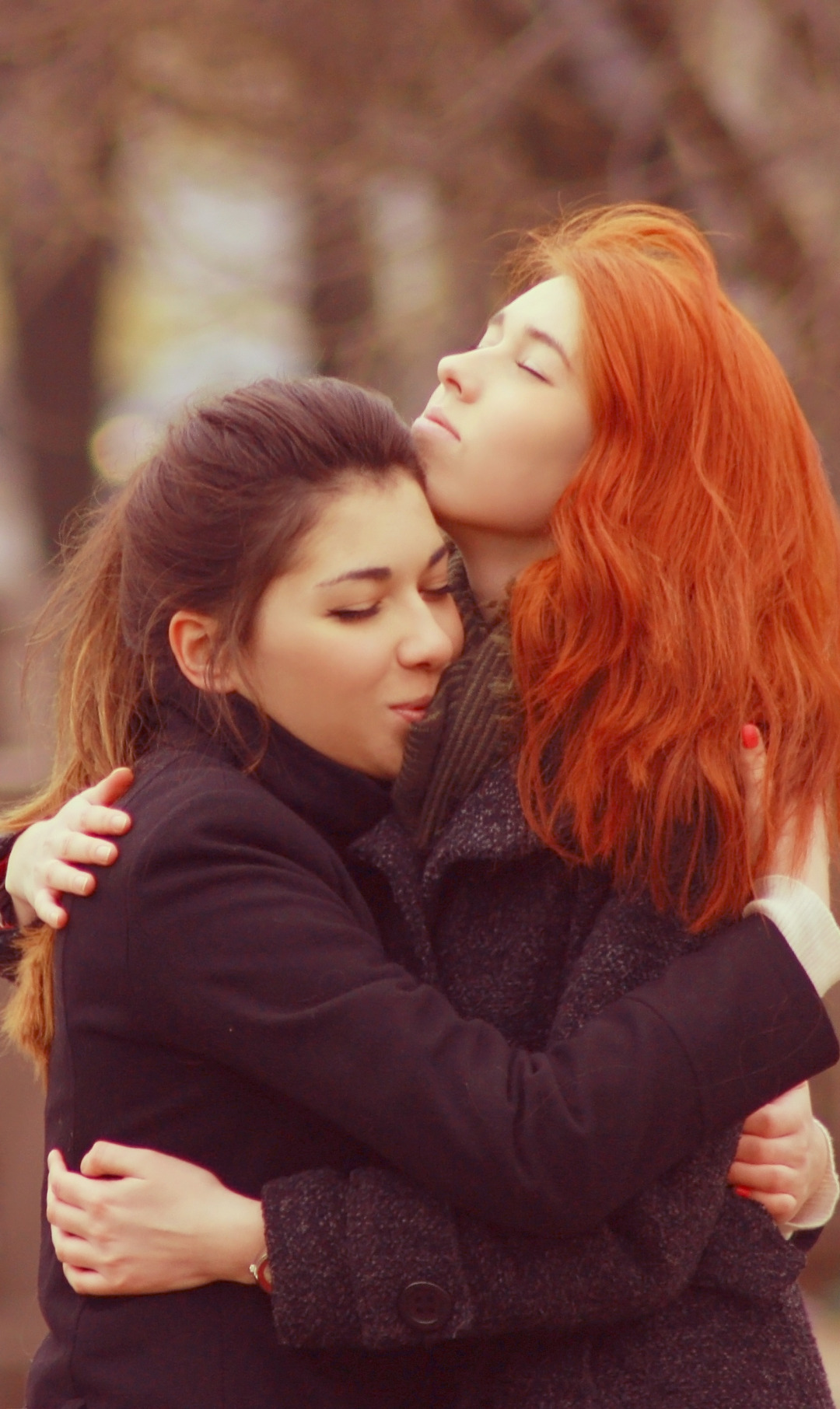 girls, red, brown hair, coat, hug