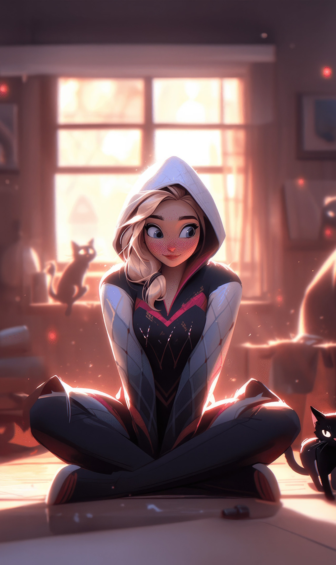 Download wallpaper girl, cats, room, window, Gwen, Spider-woman, Gwen, Gwen  Stacy, section fantasy in resolution 1080x1812