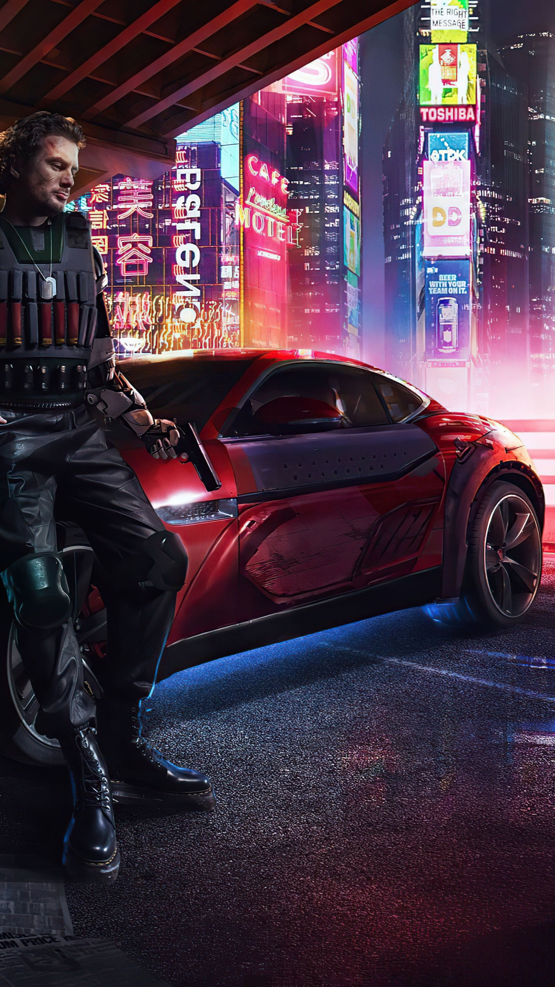Download wallpaper Car, Gun, Neon, Man, Cyberpunk, Futuristic, section