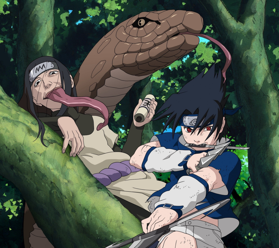 forest, weapons, snake, headband, Naruto, red eyes, the fight, long tongue 