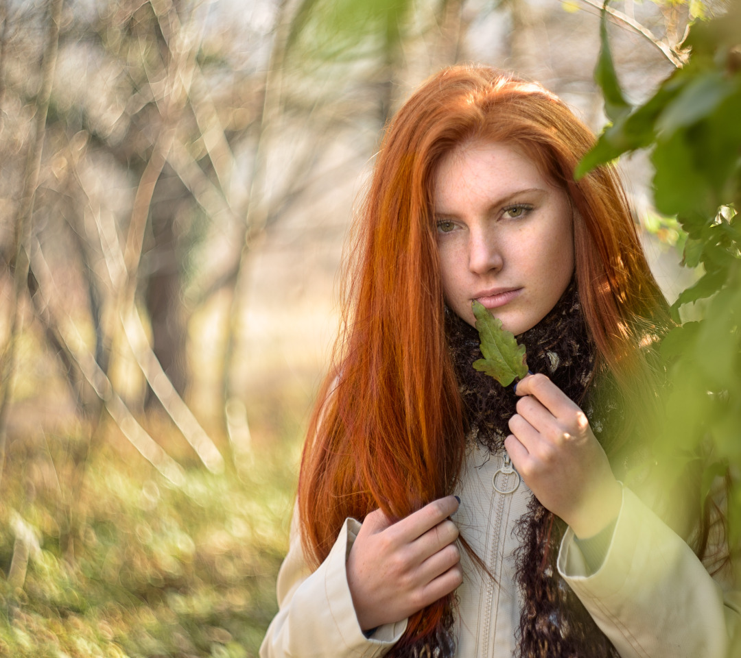 Download Wallpaper Greens Look Leaves Girl Light Branches Nature