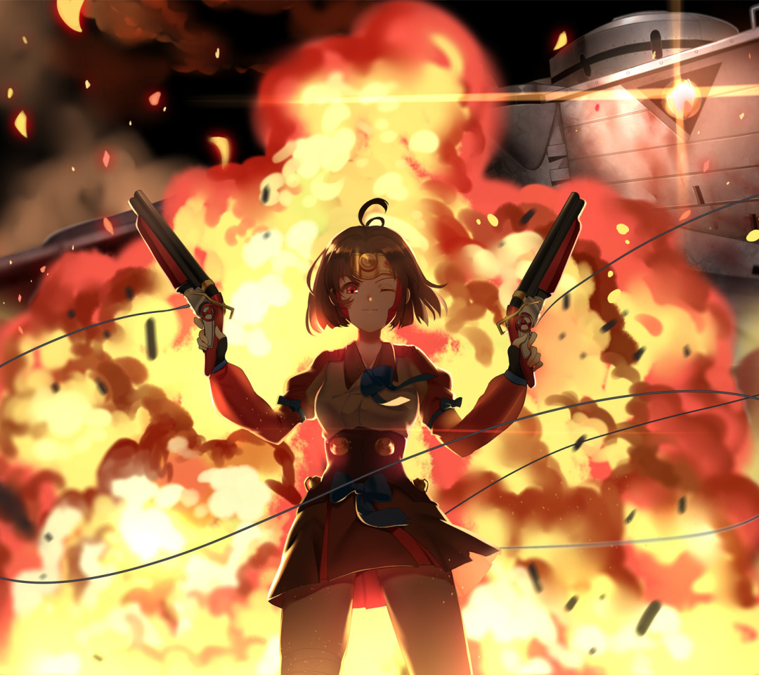 Download Wallpaper Girl, Weapons, Fire, Guns, Explosions, Anime.