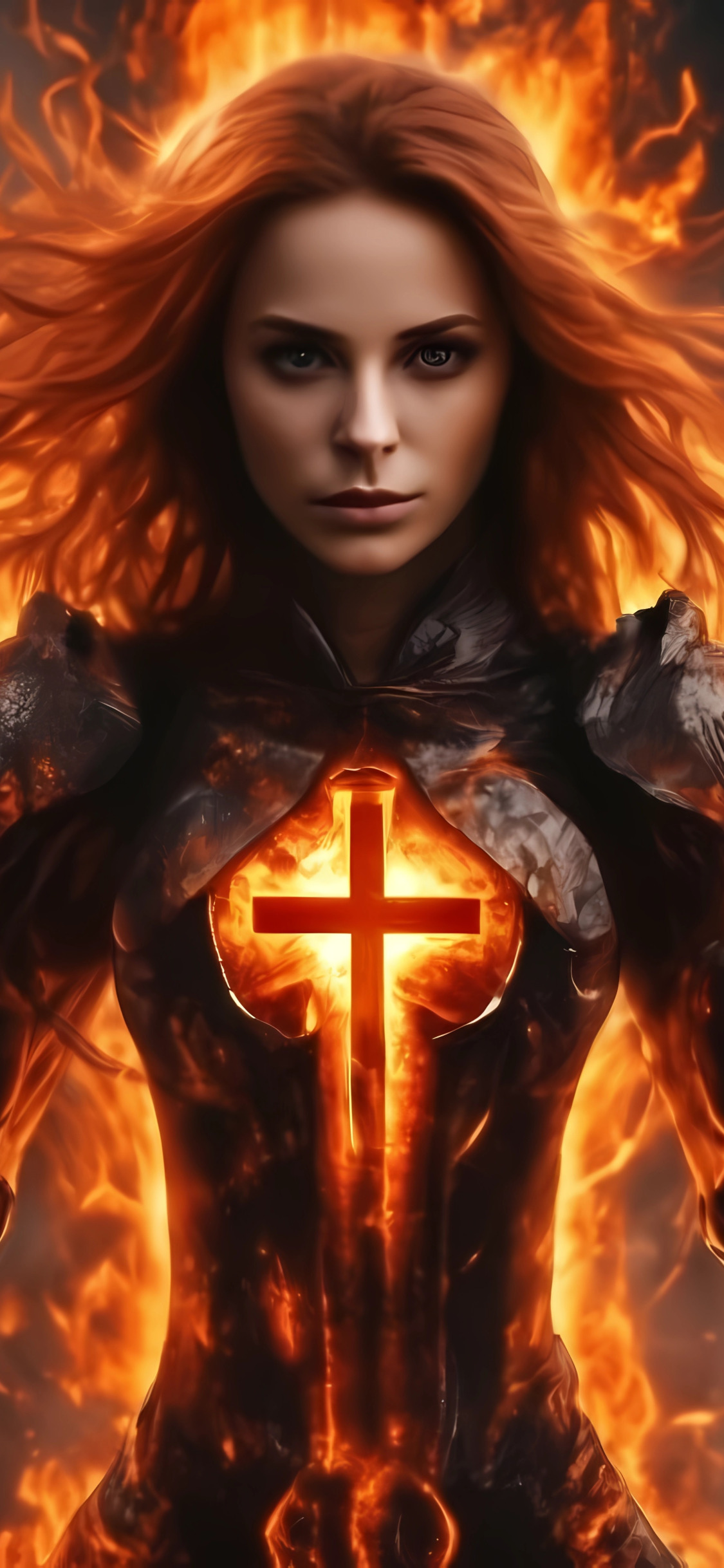 Download wallpaper girl, fire, cross, ai art, cruciform, in the chest ...