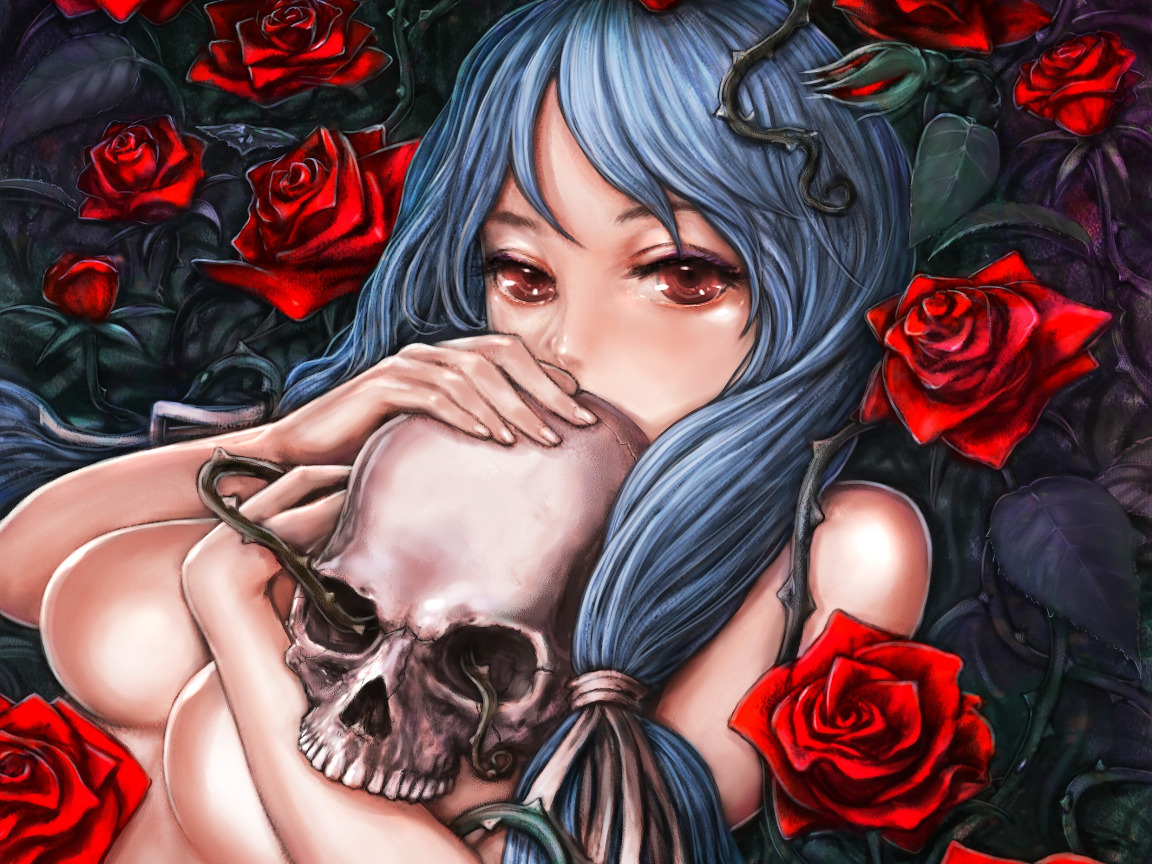 Download wallpaper girl, skull, roses, art, spikes, naked, pixiv, nose,  section seinen in resolution 1152x864