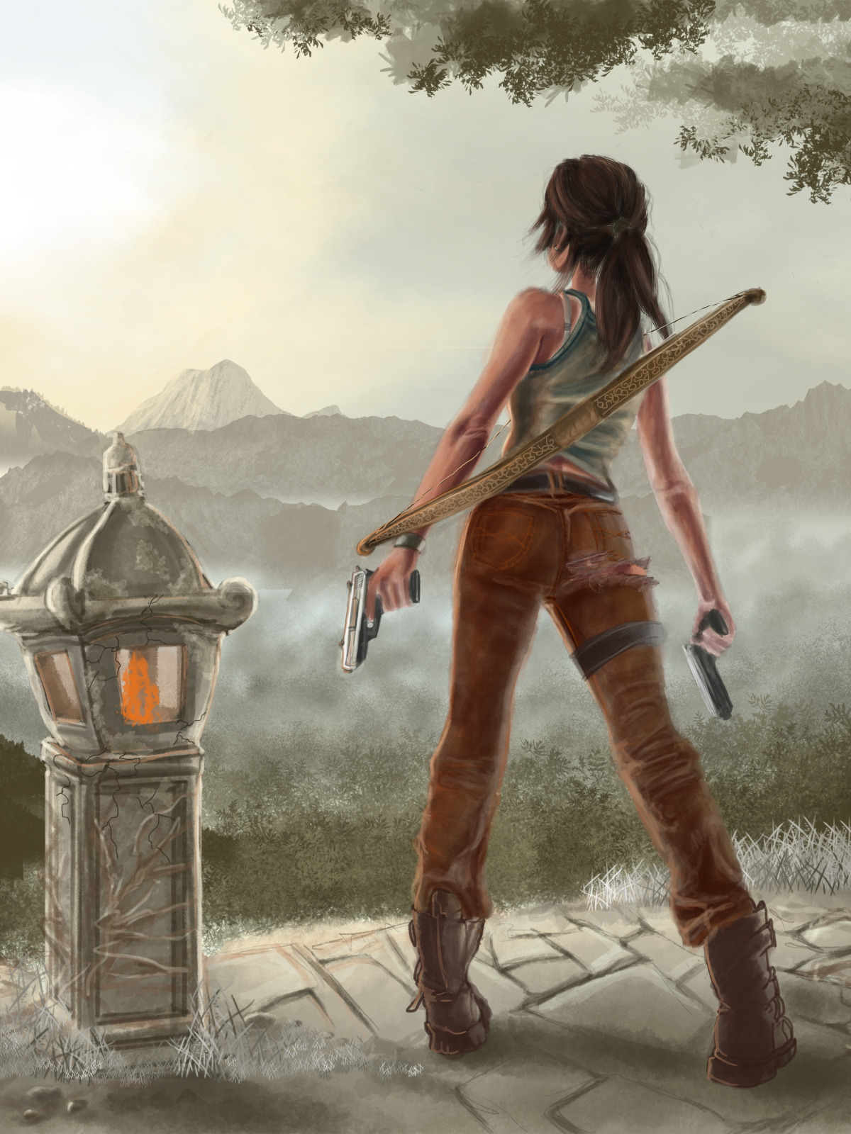 Download wallpaper girl, weapons, fire, guns, view, bow, art, Lara ...