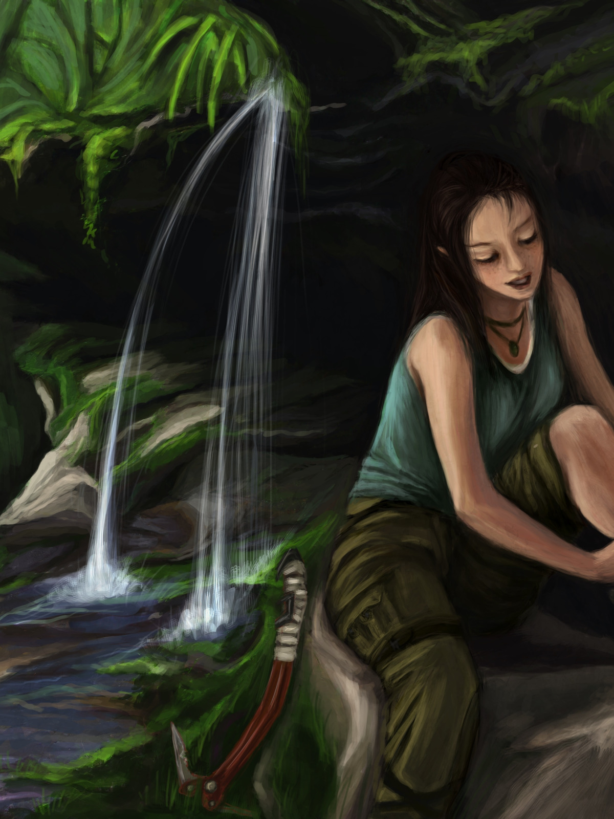 Download wallpaper water, face, waterfall, art, knife, Tomb Raider, leg ...