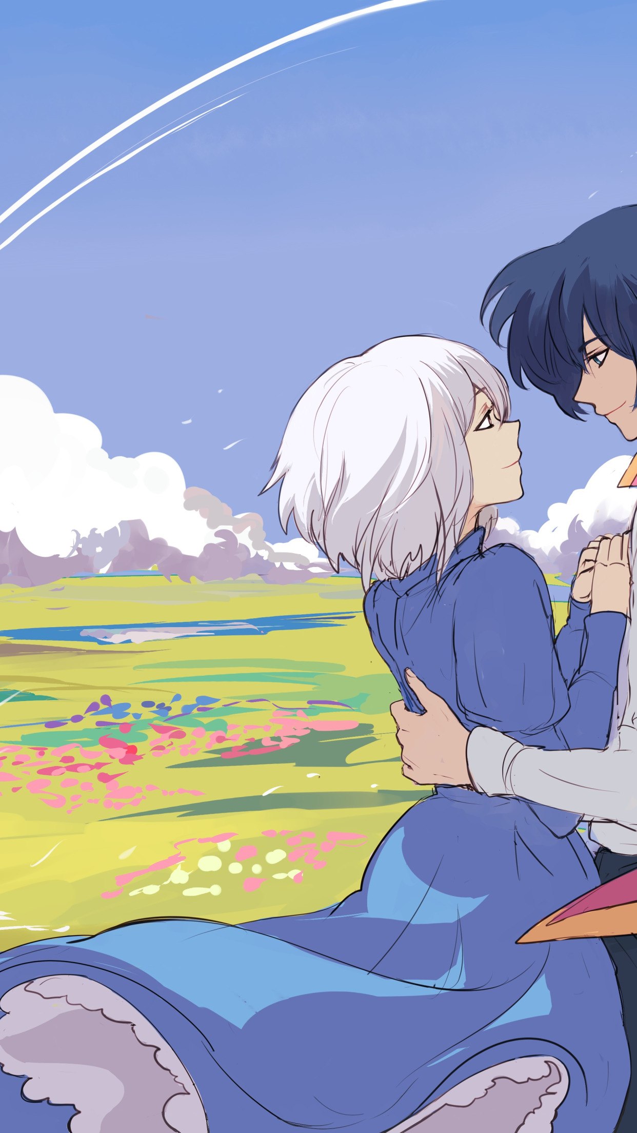 field, girl, clouds, flowers, art, guy, Hayao Miyazaki, Howl&apos;s moving ...