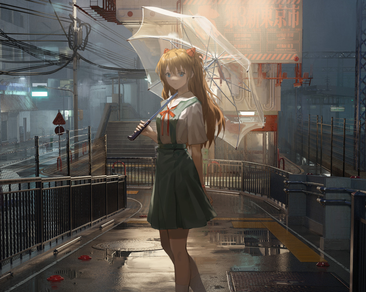 Download wallpaper road, girl, rain, street, umbrella, Neon Genesis  Evangelion, Asuka Langley Soryu, section art in resolution 1280x1024