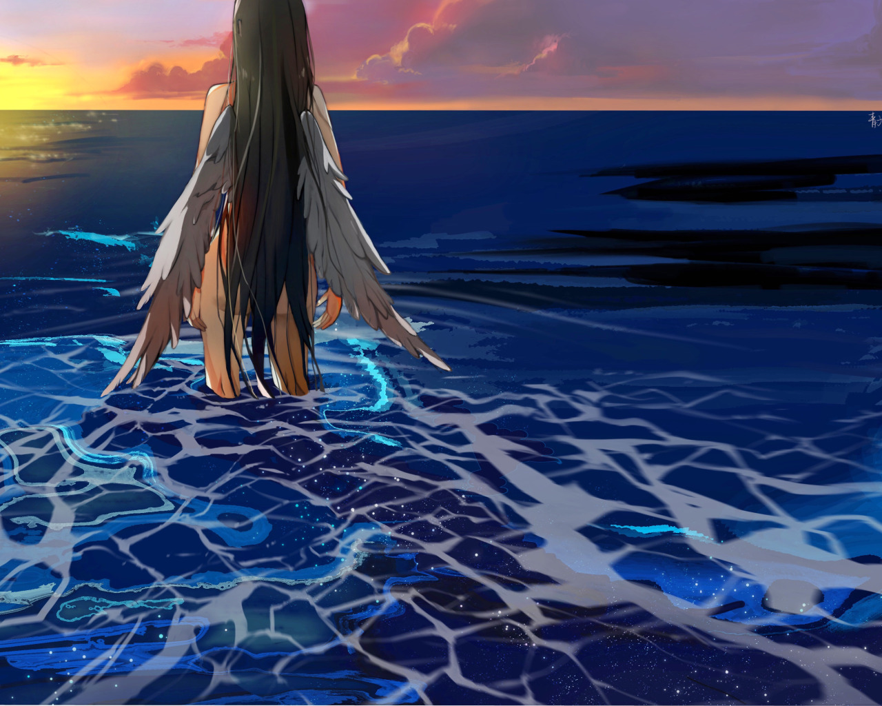 Download wallpaper <b>sea</b>, <b>girl</b>, sunset, angel, section art in resolution 1280...