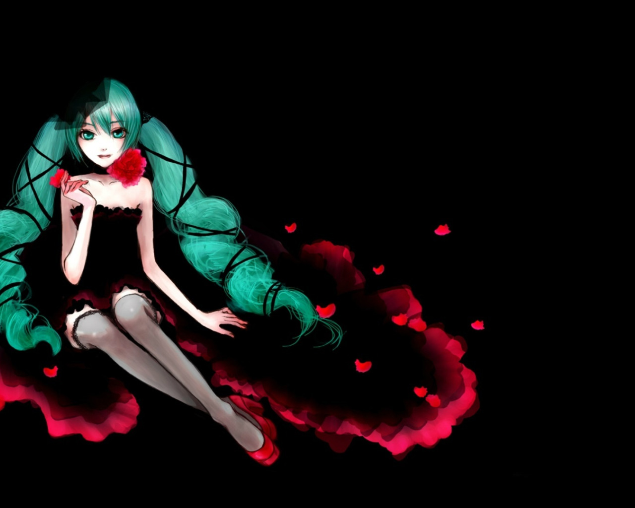 Download wallpaper rose, stockings, petals, hat, black background,  vocaloid, sitting, Hatsune Miku, section other in resolution 1280x1024