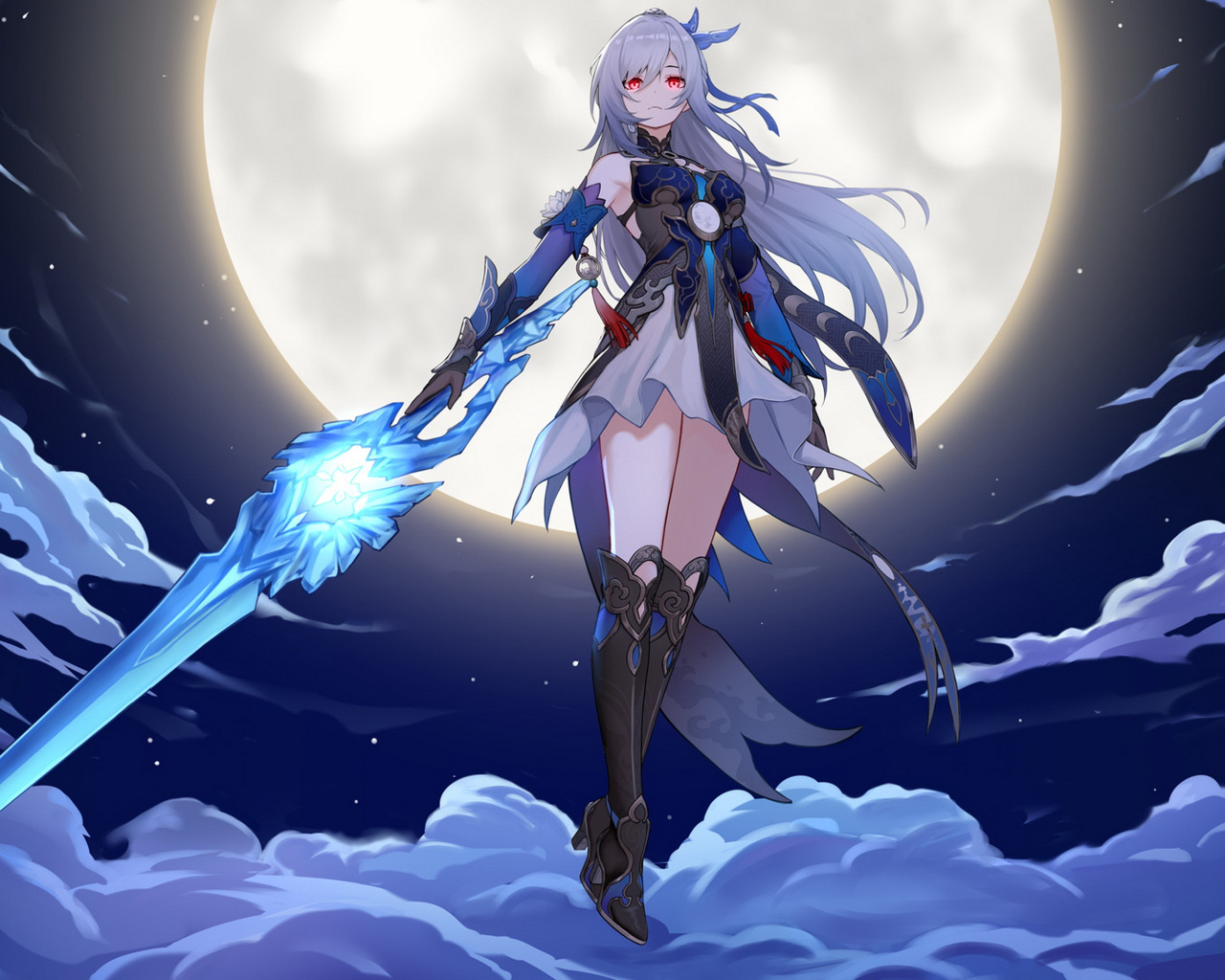 Download Wallpaper Clouds, Pose, The Moon, Stand, Character.