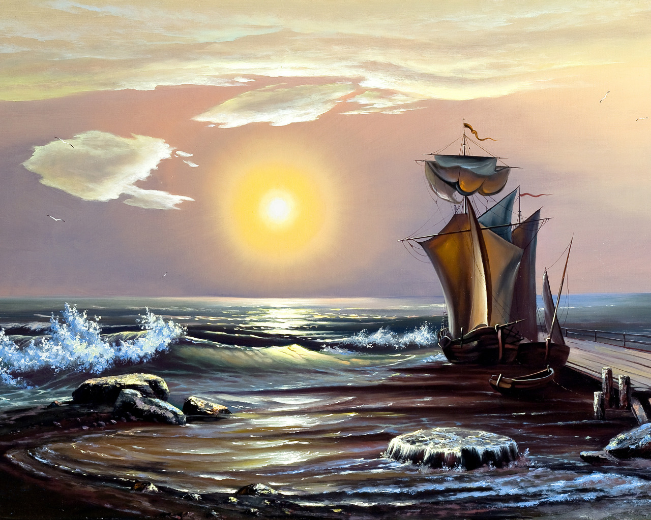 Download wallpaper sea, wave, the sky, the sun, boat, ship, painting ...