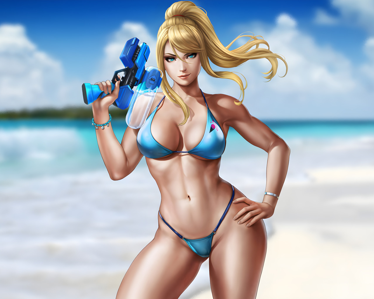 Download wallpaper beach, boobs, games, blue eyes, blonde, belly, bikini,  hips, section games in resolution 1280x1024