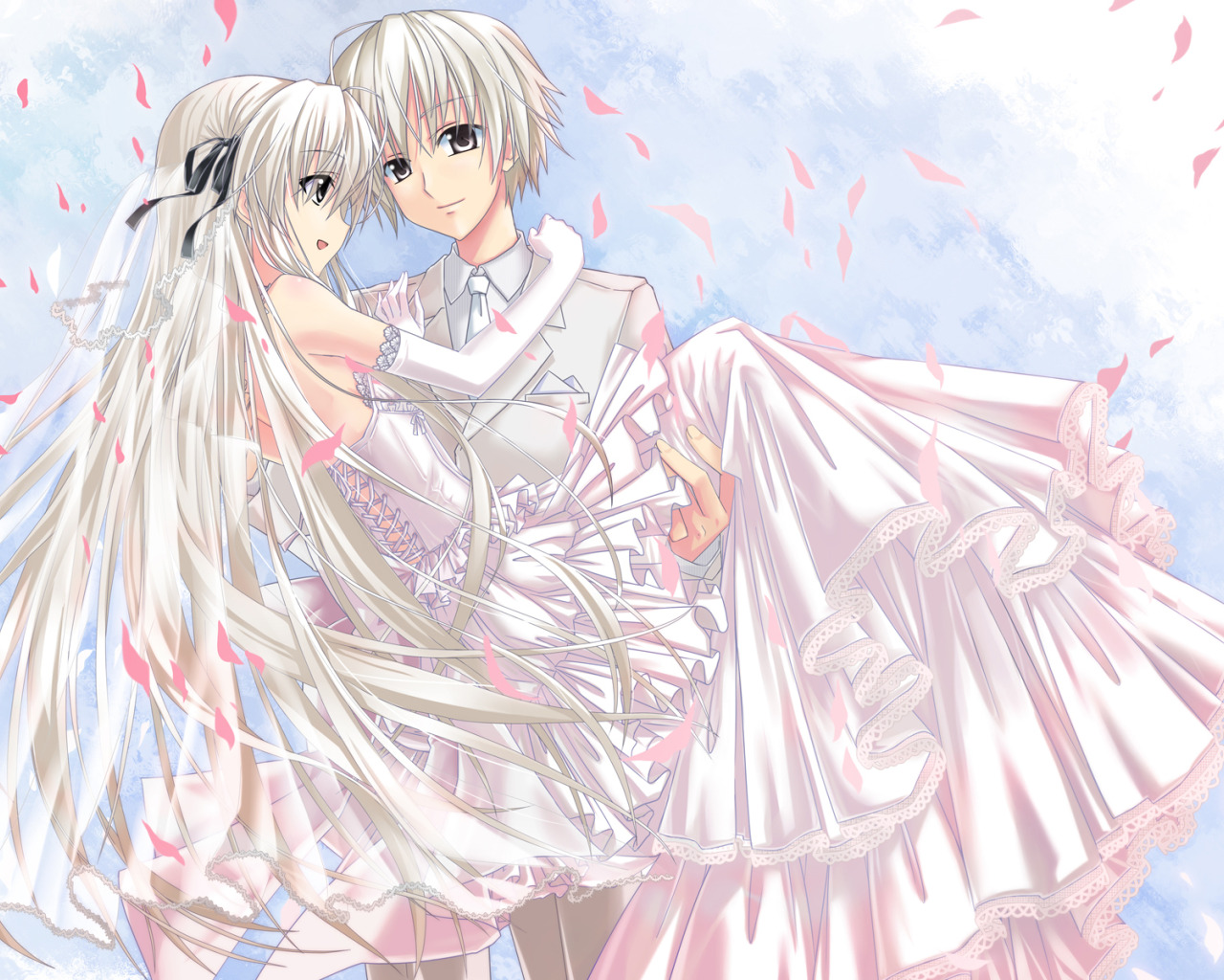 girl, dress, Anime, guy, the bride, veil, long hair, wedding. 