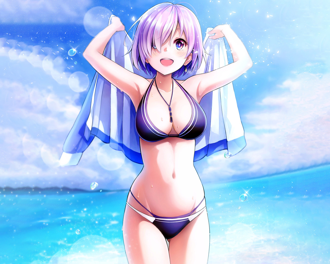 Download wallpaper girl, sexy, beach, sea, boobs, anime, beautiful, short  hair, section seinen in resolution 1280x1024