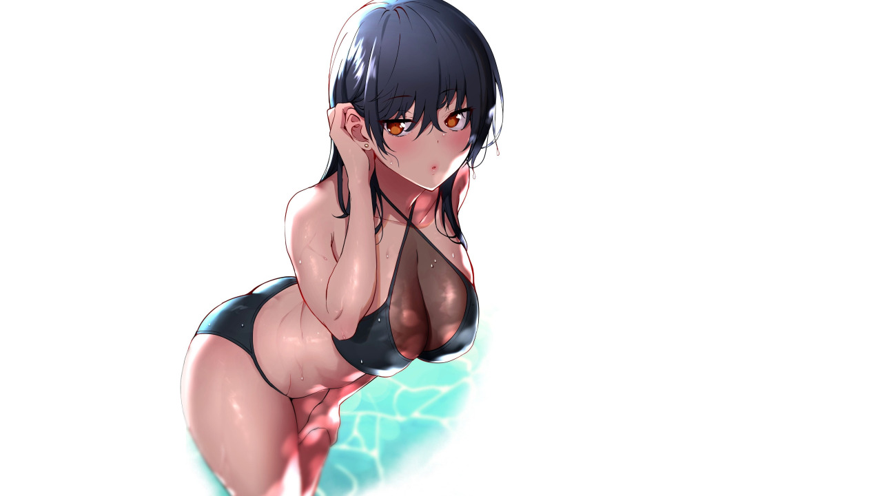 Download wallpaper girl, hot, sexy, wet, cleavage, beach, boobs, anime,  section seinen in resolution 1280x720