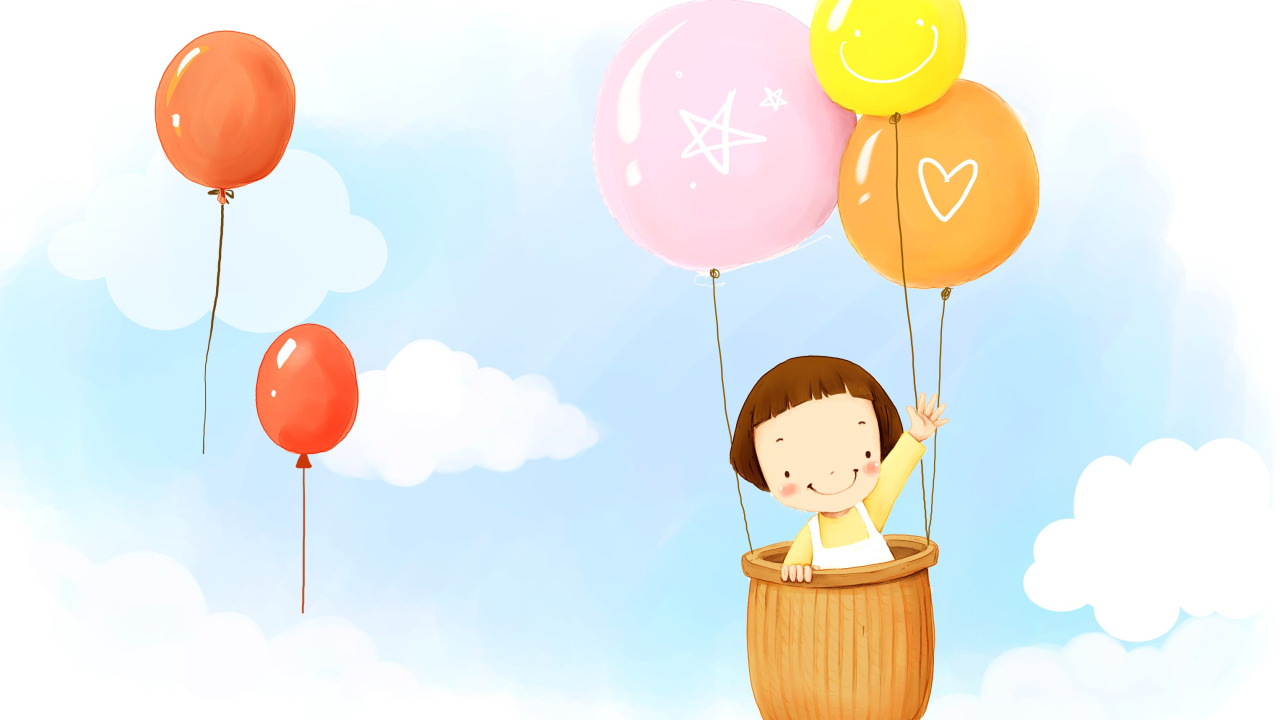 clouds, smile, balloon, fantasy, basket, girl, flight, baby Wallpaper
