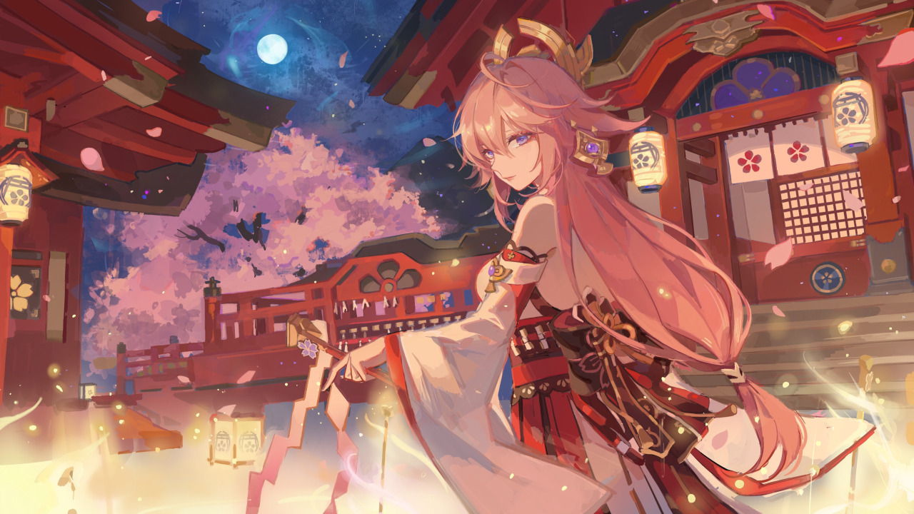 Download wallpaper night, figure, The moon, Sakura, Genshin Impact, Yae Miko,  Yae Miko, section games in resolution 1280x720