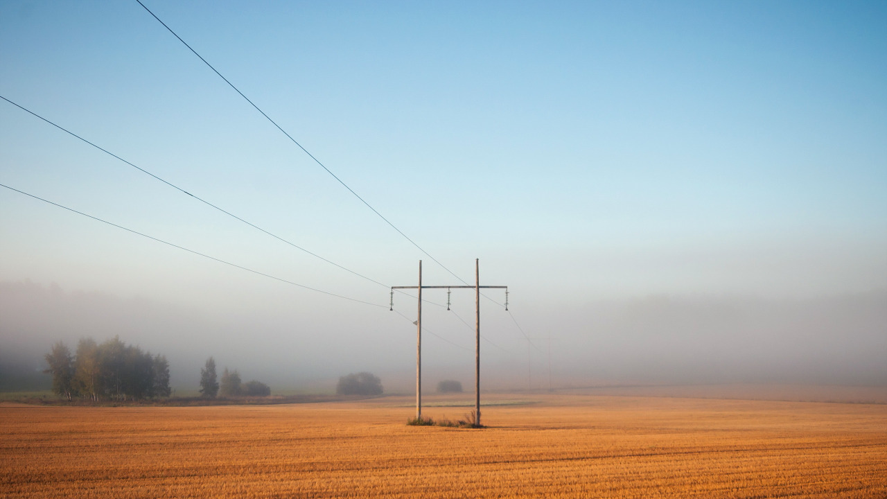 field, landscape, fog, power lines