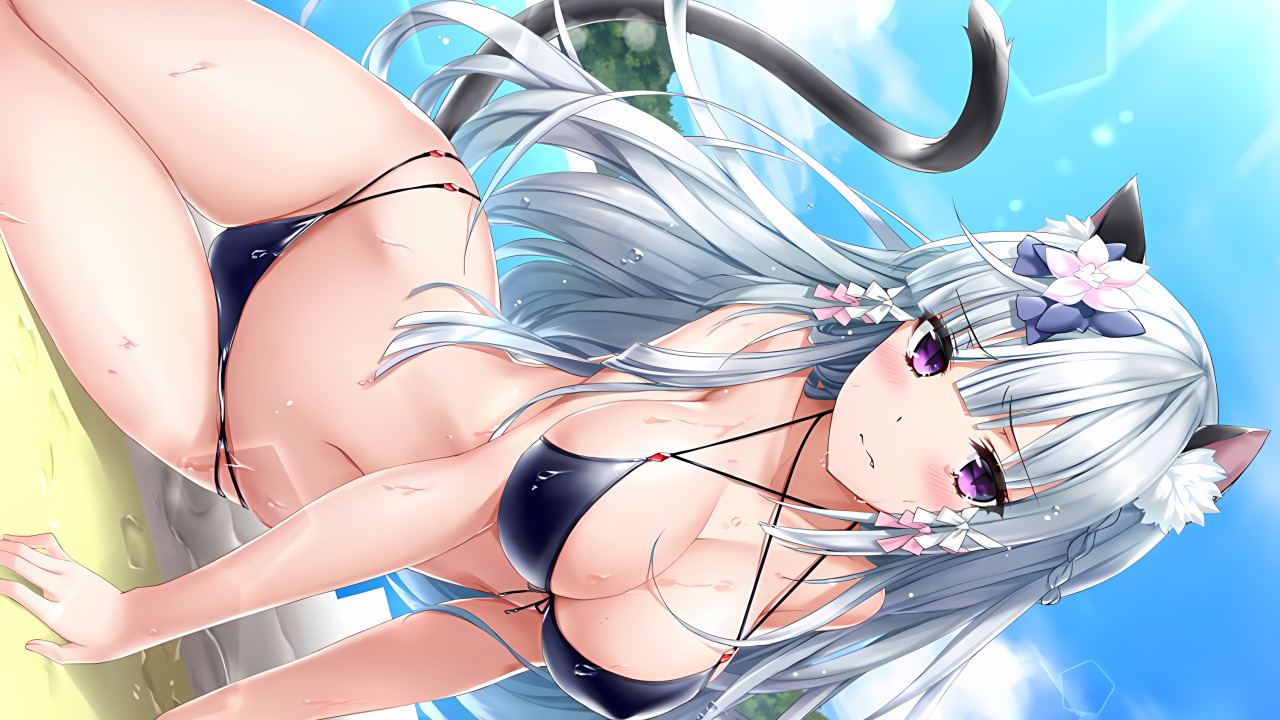 Download wallpaper girl, sexy, wet, pool, cleavage, long hair, boobs,  animal ears, section seinen in resolution 1280x720