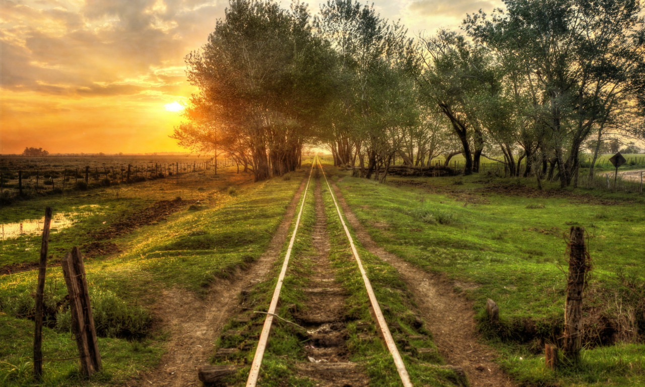 landscape, sunset, railroad