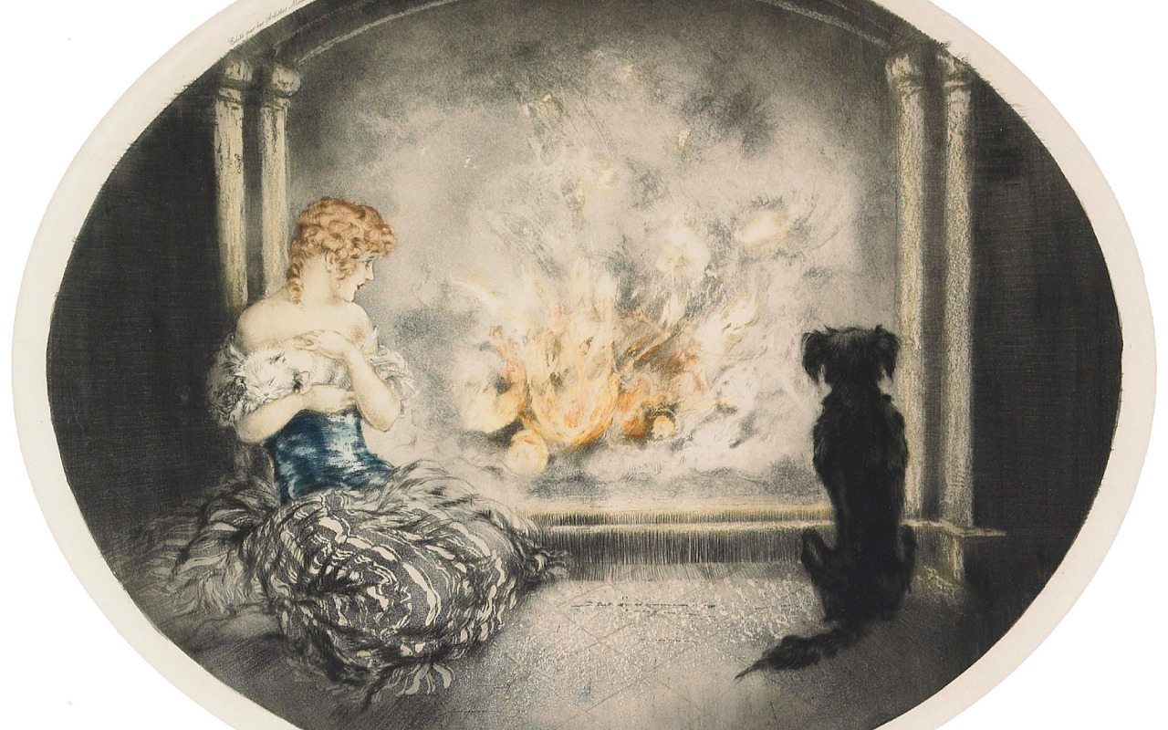 Download wallpaper cat, dog, Cinderella, 1927, campfire, Louis Icart ...