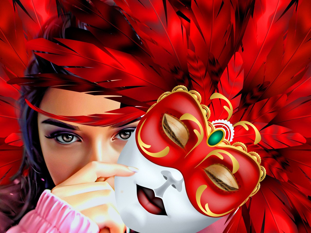 Download wallpaper Girl, Look, Feathers, Face, Eyes, <b>Mask</b>, Red background, ...