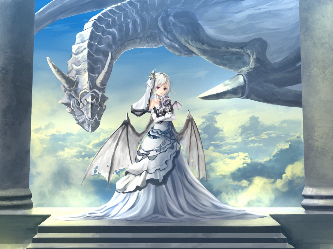 Манга принцесса и дракон. Дракон арт. Принцесса с крыльями. Девочка и белый дракон. Фэнтезийные колонны арт.