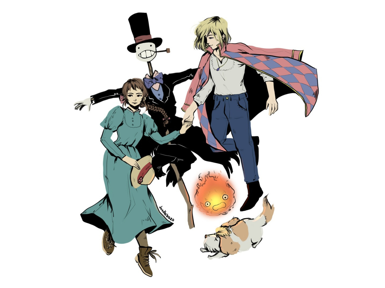 girl, fire, dog, anime, art, guy, Sophie, characters 