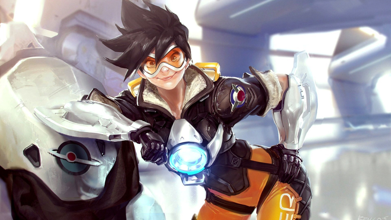 Download wallpaper girl, smile, art, Overwatch, Tracer, Tracer, Benlo,  section games in resolution 1360x768