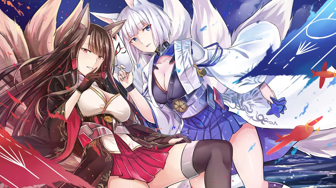 Download wallpaper girls, anime, art, kaga, akagi, azur lane, section  shonen in resolution 1366x768