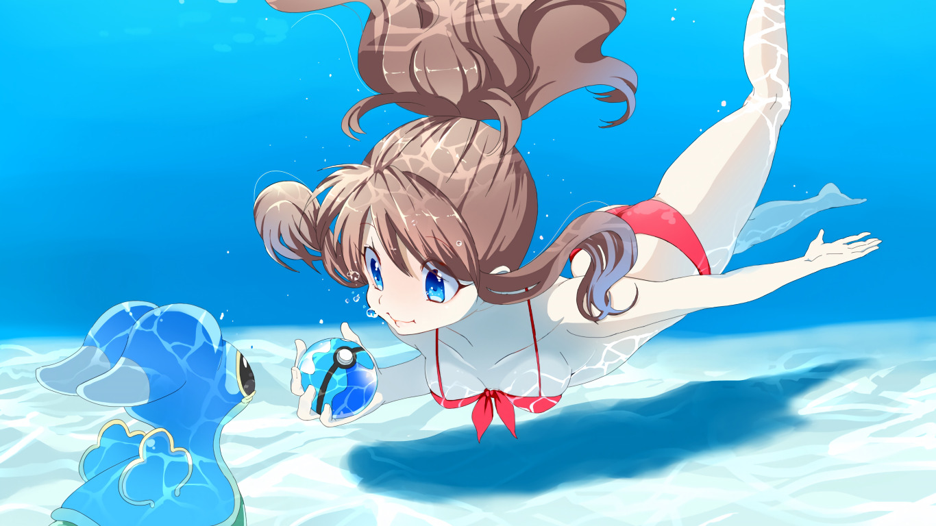 Download wallpaper girl, sexy, cleavage, long hair, underwater, brown hair,  boobs, anime, section seinen in resolution 1366x768