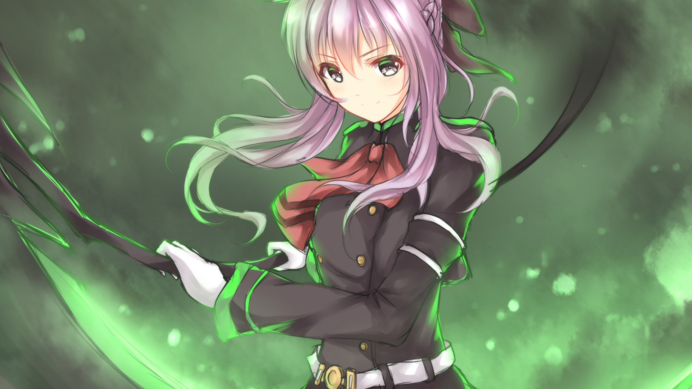 Download wallpaper girl, lights, weapons, braid, green light, Owari no ...